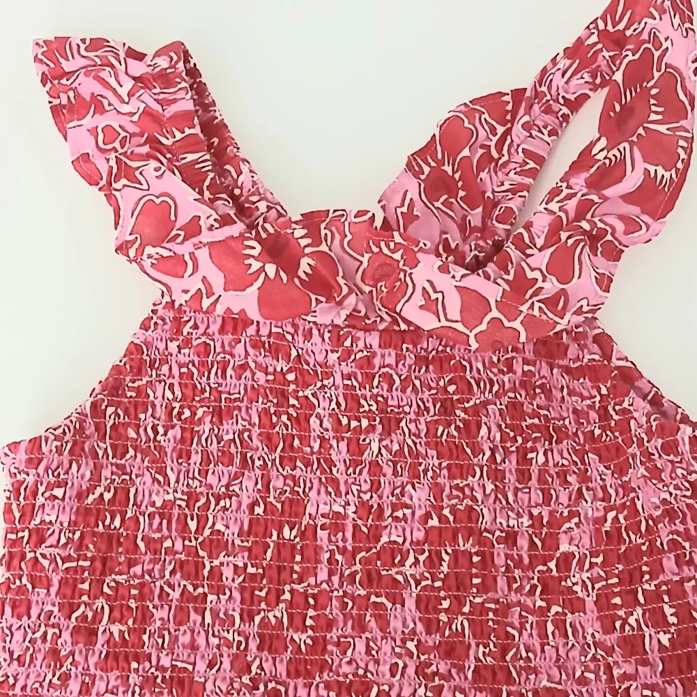 Crewcuts Dress Girls Size 8 Pink and Red Smocked‎ Top Floral Lined Pullover